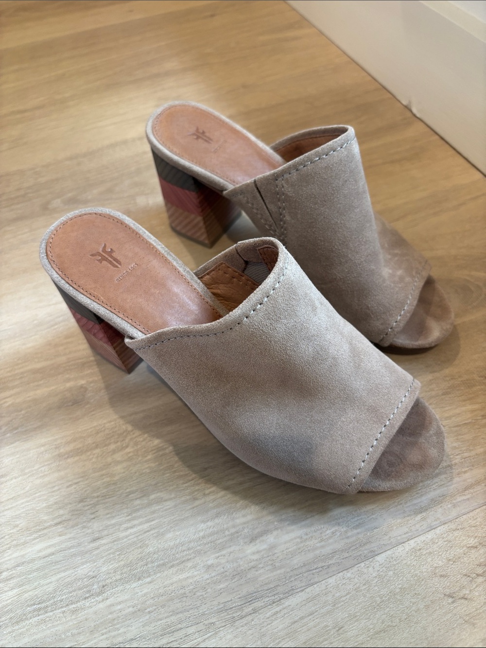 Frye Taupe Suede Peep-Toe Block Heel Mules with Striped Heel